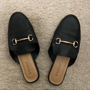 Black faux leather loafer slides